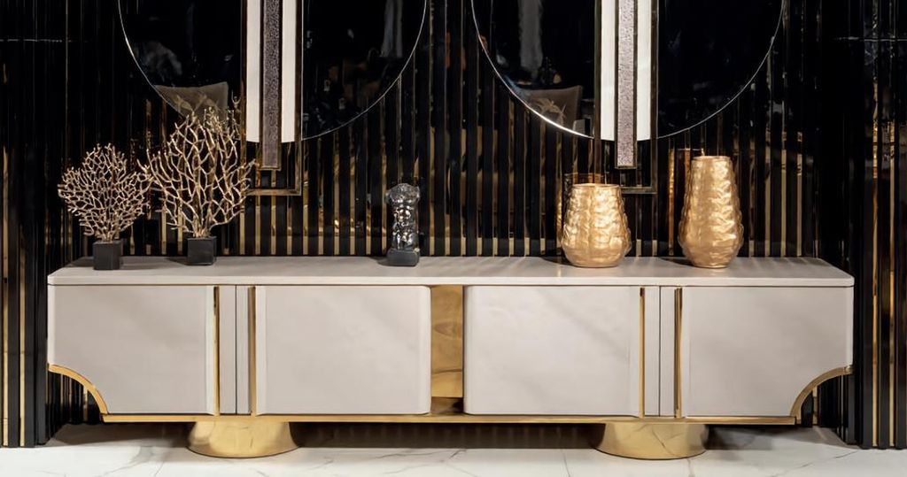 Sideboard Möbel Wohnzimmer Einfarbig Luxus Design Einrichtung metall Beige Holz