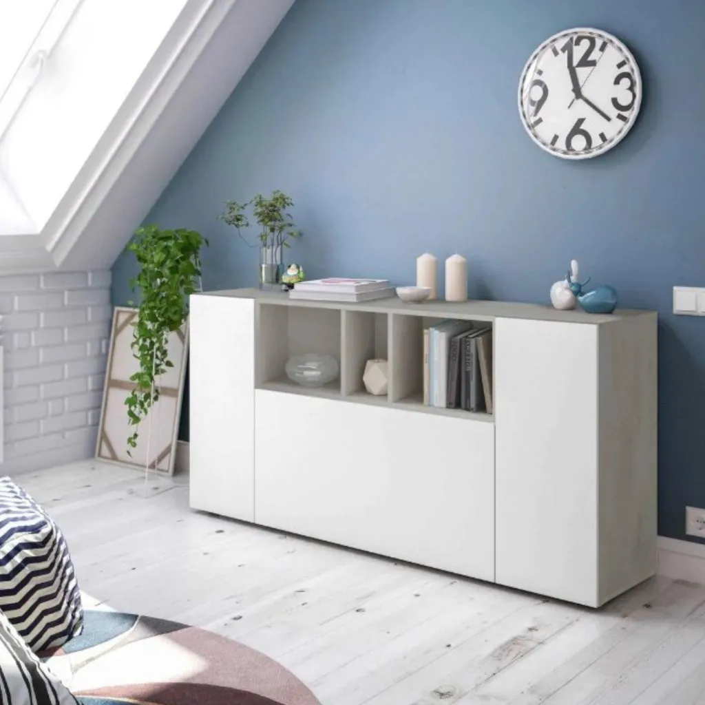 Bahut en bois blanc Crisantemo, meuble de rangement pour vaisselle - 2