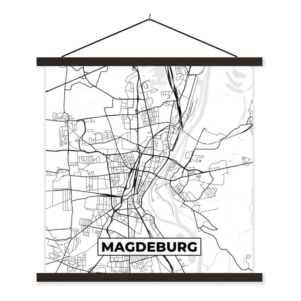 MuchoWow Textilposter Karte - Magdeburg - Stadtplan 120x120 cm mit schwarzem Rahmen - Aufhängungsset