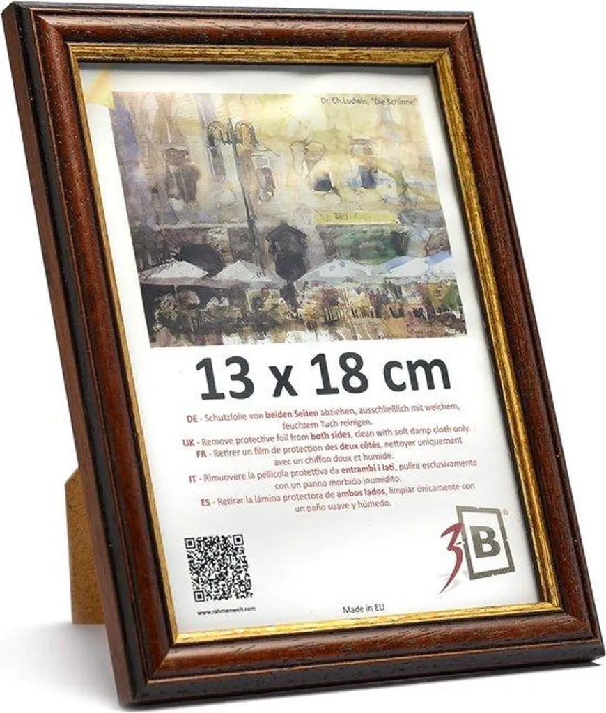 Cadre en bois massif 13x18 cm brun foncé avec vitre haute protection