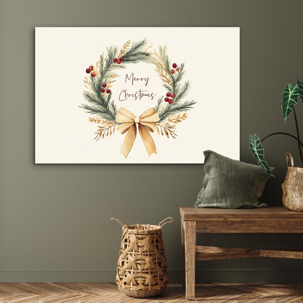 MuchoWow Wanddekoration Metall Metallbild Wandkunst 120x80 cm Weihnachtskranz - Weihnachten - Gold - Beige MuchoWow Aluminium Gemälde - Alu Bild
