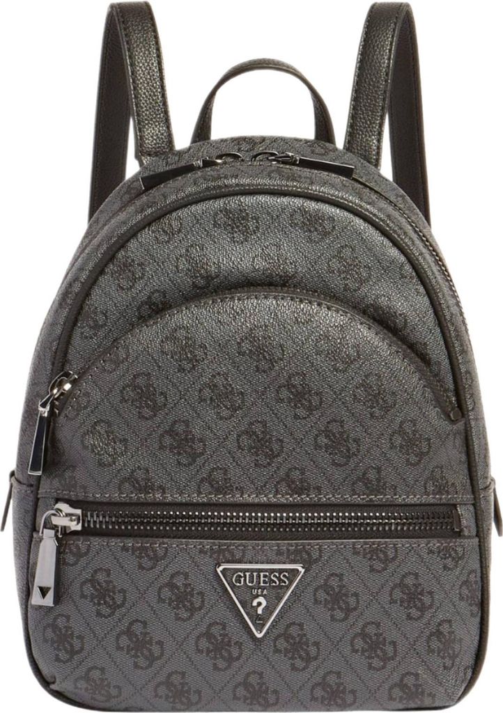 A studio shot of a gray Guess backpack with a repeating logo pattern.