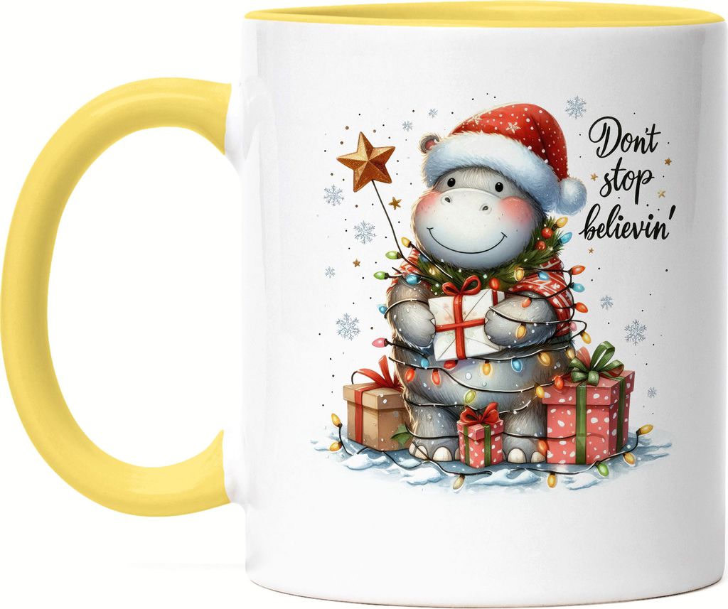 Don't Stop Believin' Lustiges Nilpferdmotiv Tasse Gelb Geschenkidee witziges Design Weihnachten