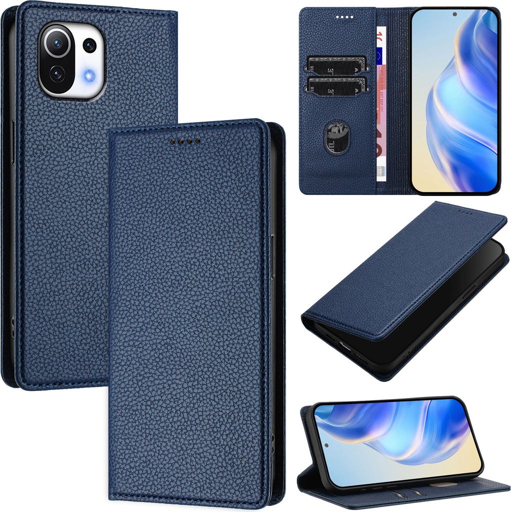 Litchi Leder Handyhülle für Xiaomi Mi 11 Lite/Mi 11 Lite 5G Ne Wallet Kartenfächer Standfunktion Hülle Blau