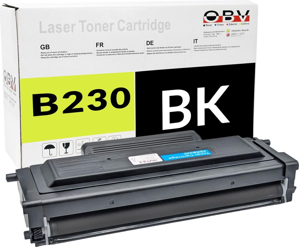 A black laser toner cartridge is shown in front of its packaging box.