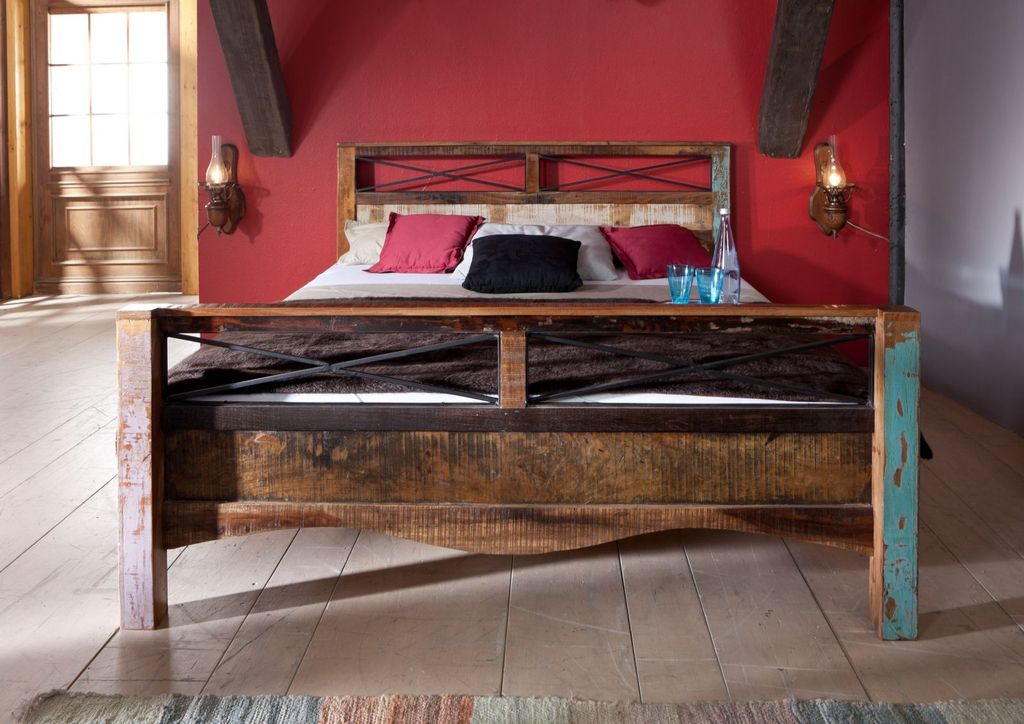MASSIVMOEBEL24 Bett Altholz 180x200x100 mehrfarbig lackiert NATURE OF SPIRIT #47