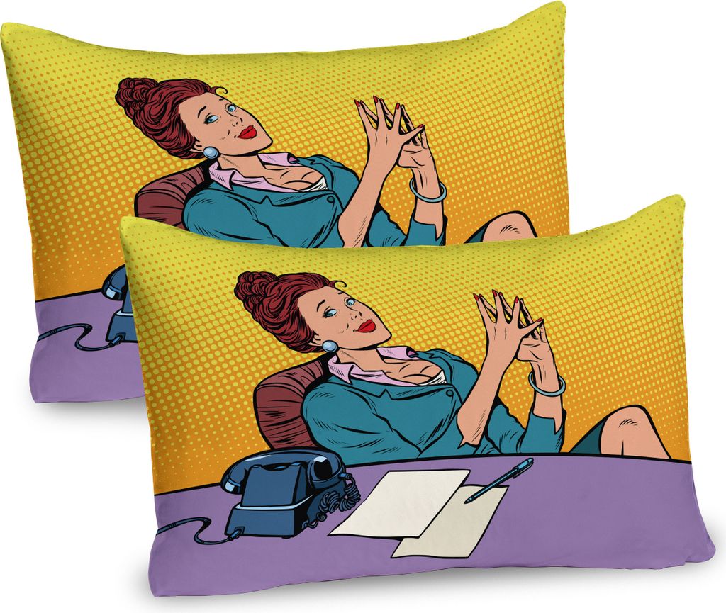 ABAKUHAUS Mädchen Boss Kissenbezug Packung mit 2, Bunte Pop-Art inspirierte Grafik eines Geschäfts Schreibtisch Telefon in ihrem Büro, Dekorativ...