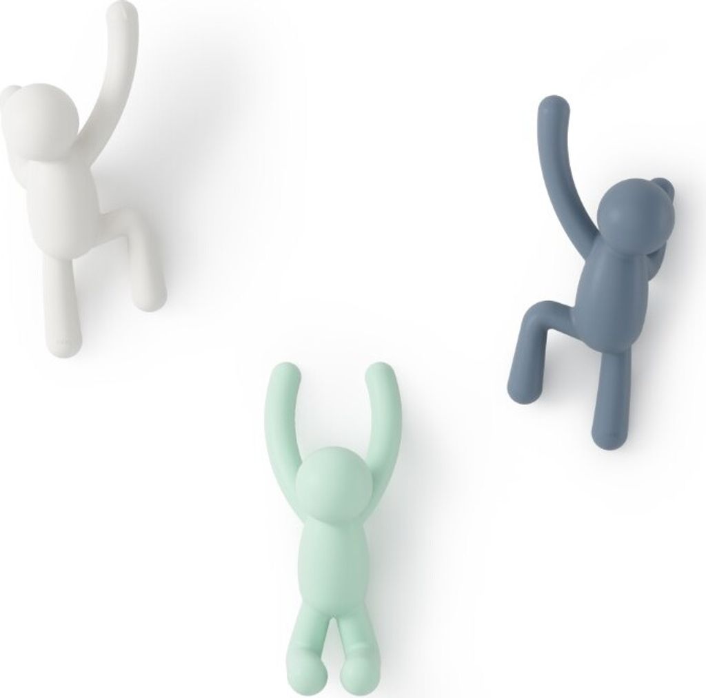 Three wall hooks shaped like climbing figures in different colors.