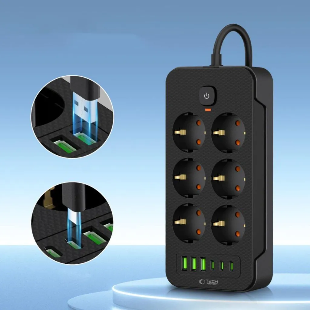 Multipresa Design Tech-Protect PC6X6: 6 Prese, USB-C, Cavo 2m Nero - 9