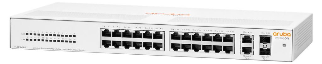 HPE Aruba Networking Aruba Instant On 1430 26G 2SFP, Unmanaged, L2, Gigabit Ethernet (10/100/1000), Vollduplex, Rack-Einbau, 1U