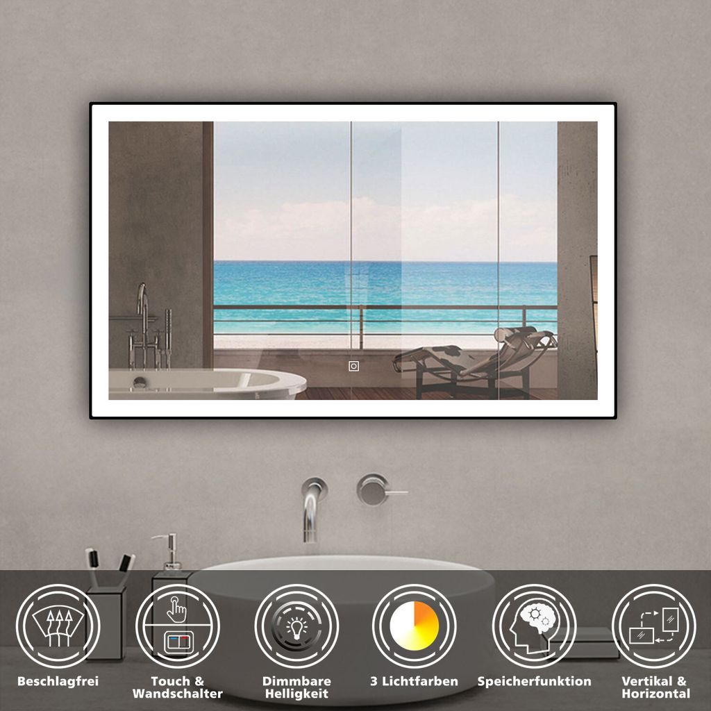 LED Spiegel Schwarzer Rahmen Badspiegel mit 100X60cm Warm/Neutral/Kaltweiß Dimmbar Memory Touch/Wandschalter Beschlagfrei Wandspiegel 1 hour autom...