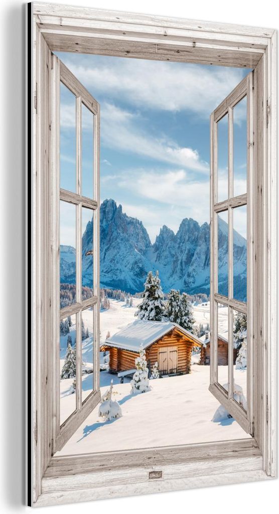 MuchoWow Wanddekoration Metall Metallbild Wandkunst 100x150 cm Winterlandschaft - Hütte - Berge - Ausblicke - Aussicht - Natur MuchoWow Aluminium ...