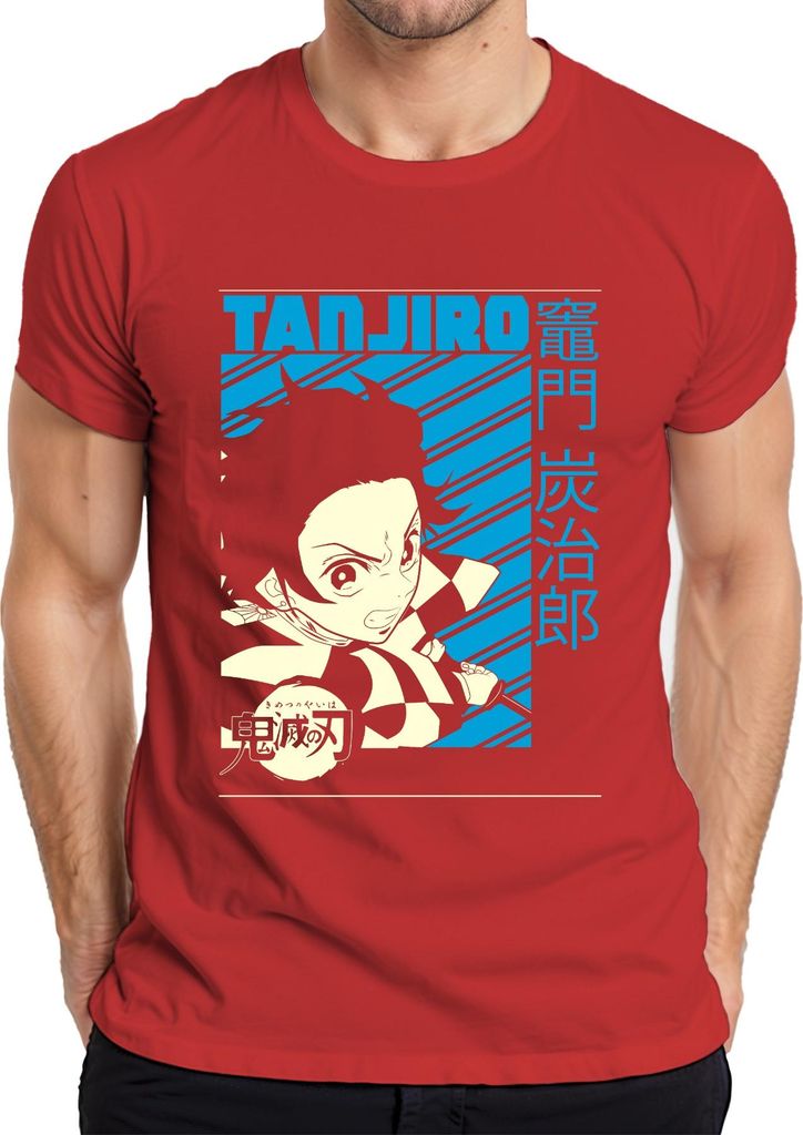 Tanjiro Kimetsu no Yaiba Schwert Karomuster Anime Geschenk Herren T-Shirt, Rot, S