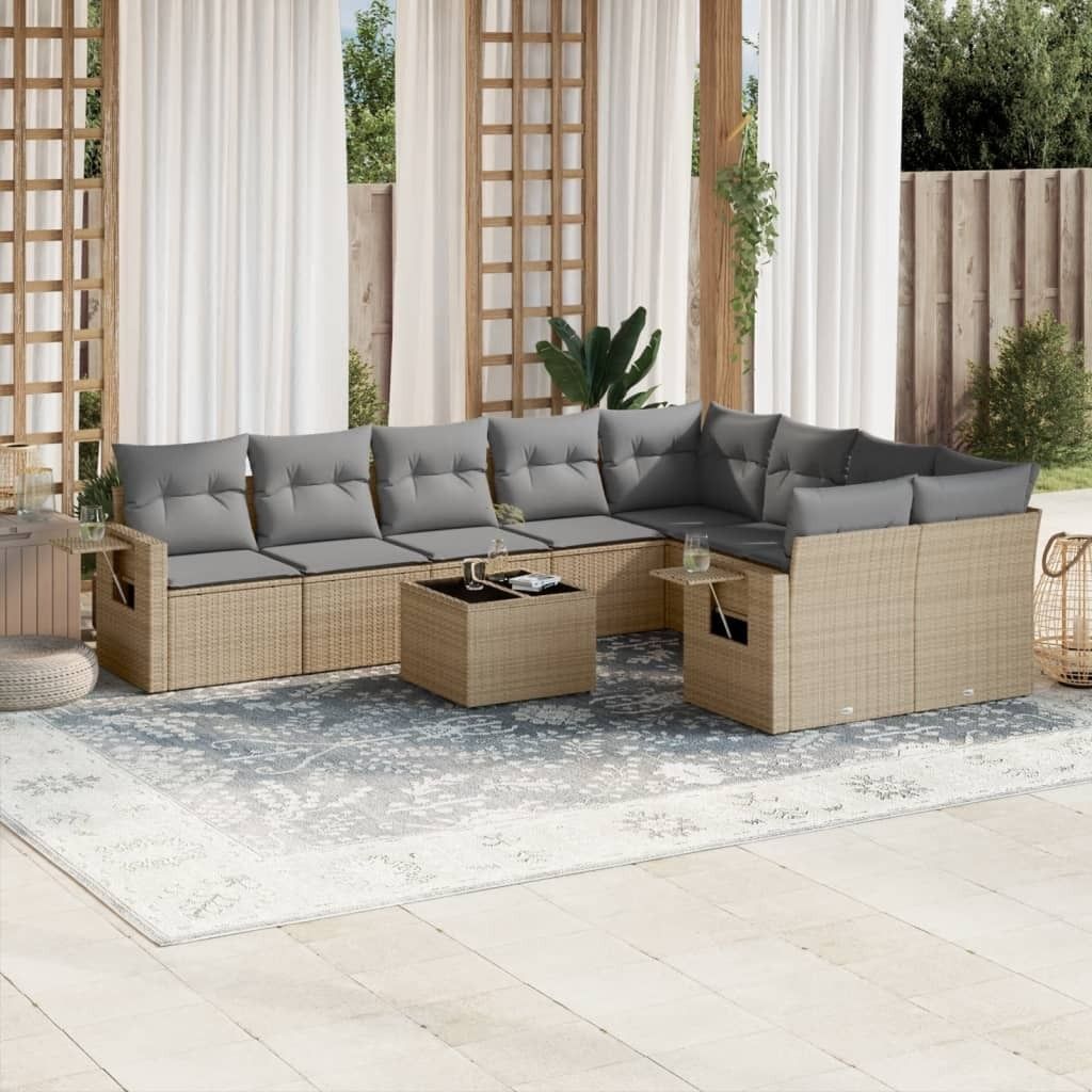 Design 10-tlg. Garten-Sofagarnitur mit Kissen Beige Poly Produktbild 