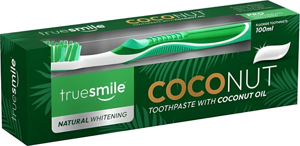 Truesmile | Zahnpasta - Natural Whitening - 100 ml - Kokosnuss - Mit Fluorid - mit Kokosöl - Zahnbürste im Set enthalten