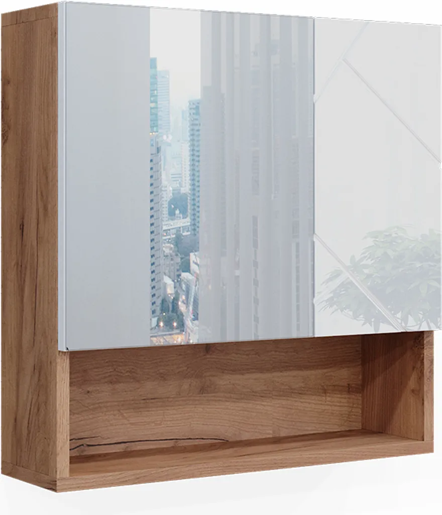 Armoire de Toilette avec Miroir Vicco Irma Blanc Brillant et Chêne 55cm