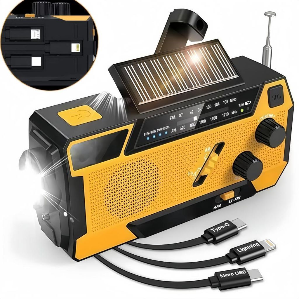 6-in-1 Solar radio mit 3 verschiedenen Ladekabeln, 4-Wege-Aufladung,AM/FM mit LED-Taschenlampe,SOS-Alarm,Powerbank für Notfall,Batterieanzeigeleuchte