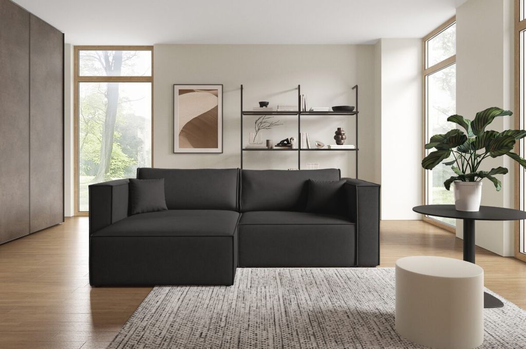 Furnisell L Form Sofa Velour Ecksofa Bettkasten Schlaffunktion "KEYMON L", Schwarz