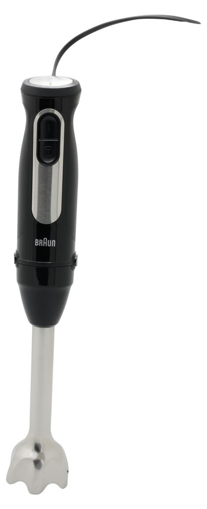 A black and silver hand blender is shown against a white background.