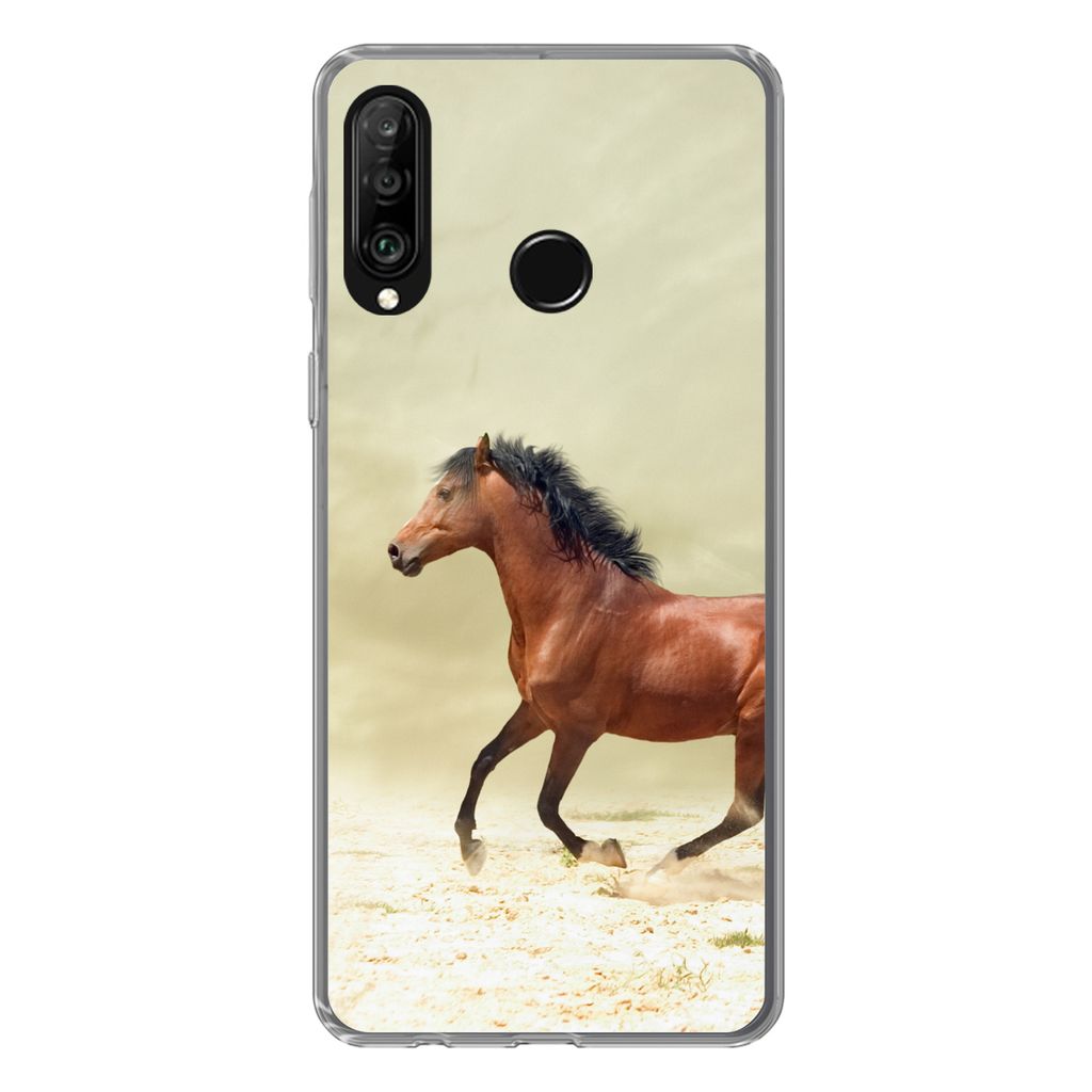 MuchoWow Handyhülle Schutzhülle Hülle für Huawei P30 Lite Pferd - Stoff - Sand Silikon Softcase Handy Hülle - Handyhülle