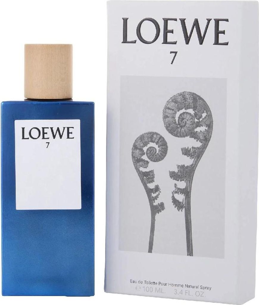 A bottle of LOEWE 7 Eau de Toilette spray and its packaging are displayed side-by-side against a white background.