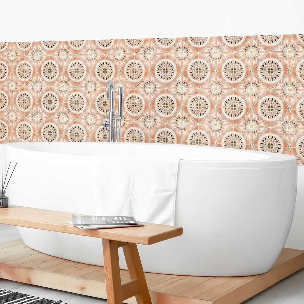 Wandverkleidung Bad mit Motiv selbstklebend - 0.35 mm Wandpaneel matt wasserfest Design orange Fliesenoptik Vintage Badrückwand fugenlos 150x100 cm