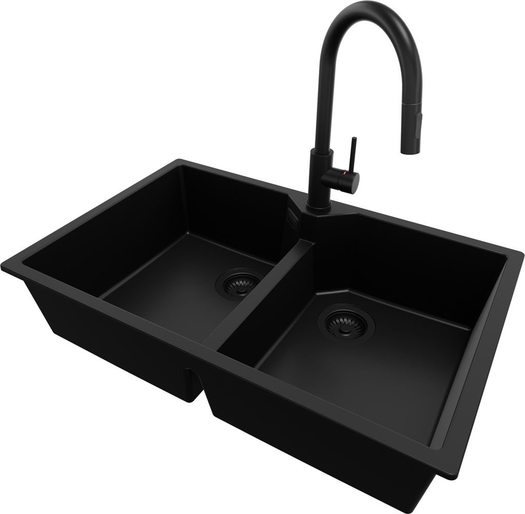 PRIMAGRAN Granitspüle Alles Schwarz 78x50cm, Spülbecken 2 Becken + Küchenarmatur 40x20cm + Ablauf-Set, Küchenspüle ab 80er Unterschrank - Madr...