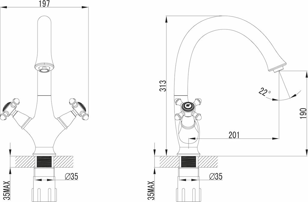 PaulGurkes Waschtischarmatur Spültischarmatur Gold Retro Antik Küchenarmatur Zweigriffmischer