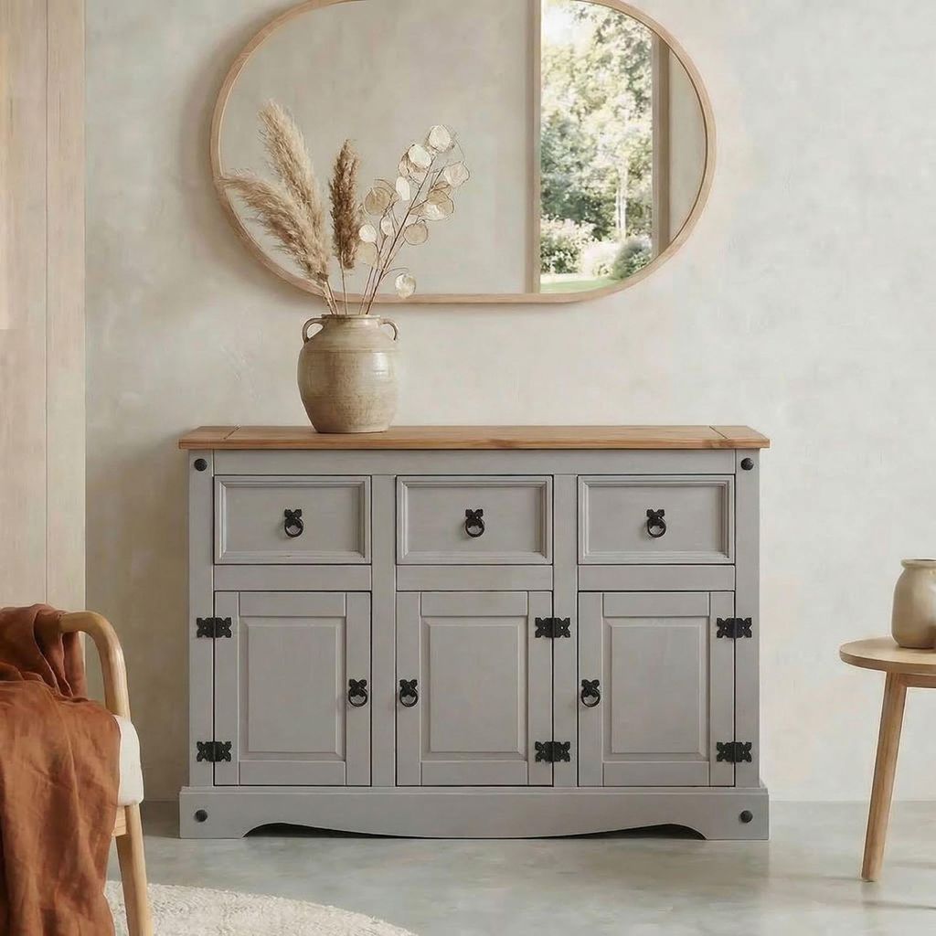 Sideboard RAMON Landhausstil Kommode Kiefer massiv grau Produktbild 