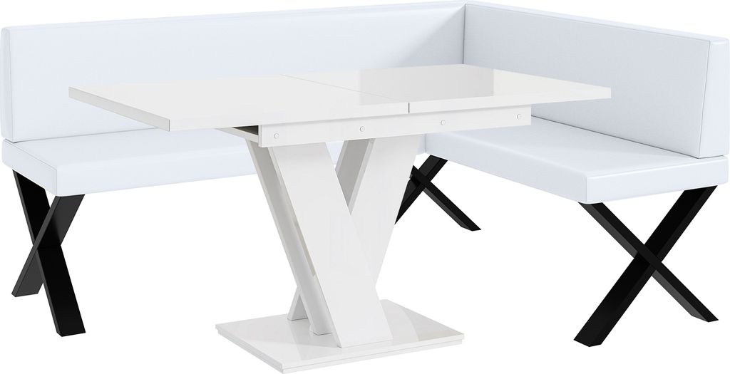 MEBLINI Eckbank für Esszimmer mit ausziehbarem Tisch - Küchenbank - Essecke - Sitzecke Küche - TONI - X-Beine 128x168x87cm Rechts - Weiß Kunstl...
