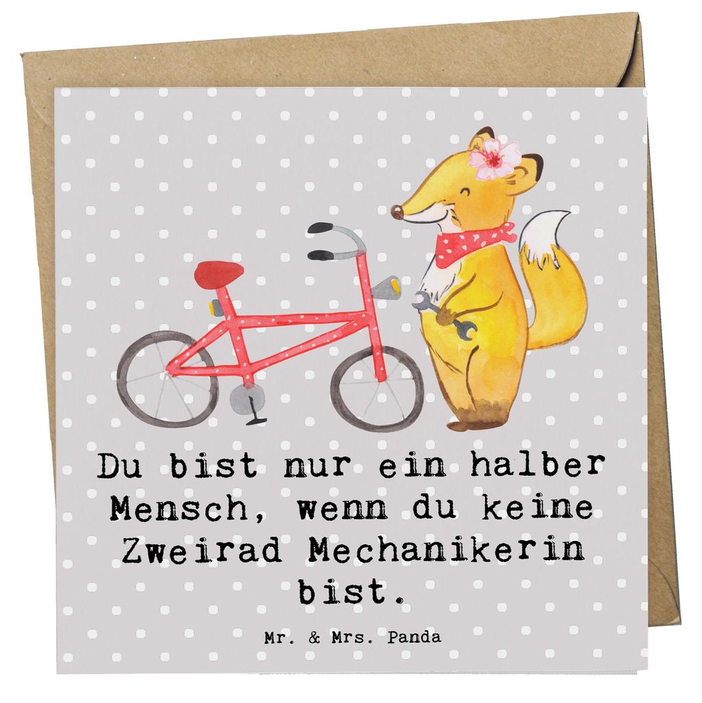 Mr. & Mrs. Panda Grußkarte Zweirad Mechanikerin Herz - Grau Pastell - Geschenk, anlasskarte, Glückwunschkarte, faltkarte, Klappkarte, doppelkarte