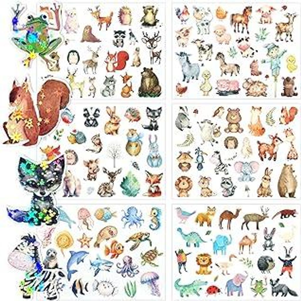 Glitzer Sticker Tiere,6 Bögen Sticker Kinder Set,Tiere Aufkleber Über 150 Motiv,Wasserdicht Glitzersticker für Kinder Scrapbooking Fotoalbum Ges...
