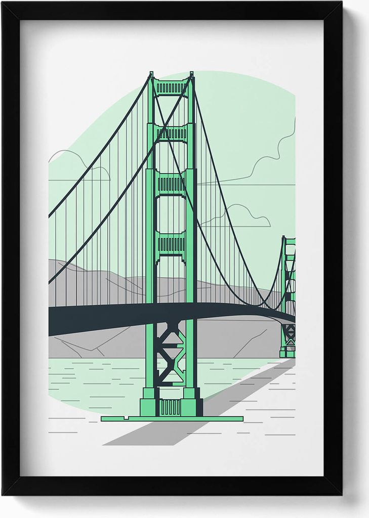 Zeichnung der Golden Gate Bridge– Wandbild mit Rahmen – Gerahmtes Bild – Wanddekoration – 40x60 cm – Schwarz