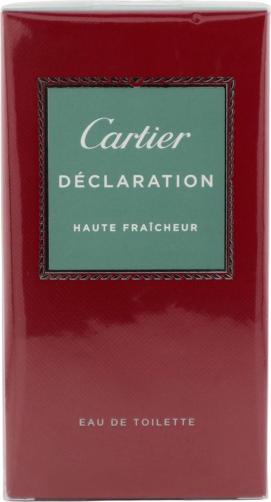 Rote Verpackung von Cartier Déclaration Haute Fraîcheur mit grünem Etikett, weißer Schrift und eleganter Naht-Optik um das Etikett.