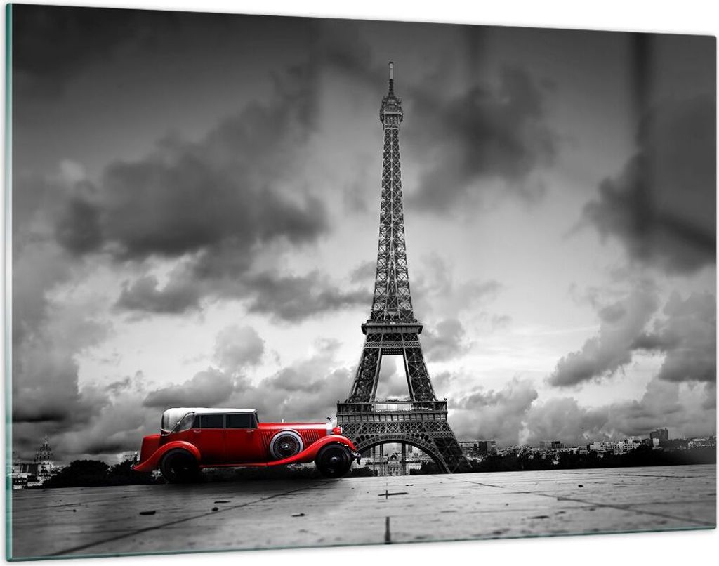 Bilder auf glas - Auto Eiffle Paris Stadt - 120x80cm - Glasbilder - Wandbilder - Kunstdruck - zum Aufhängen bereit - Wanddekoration aus Glas - Gla...