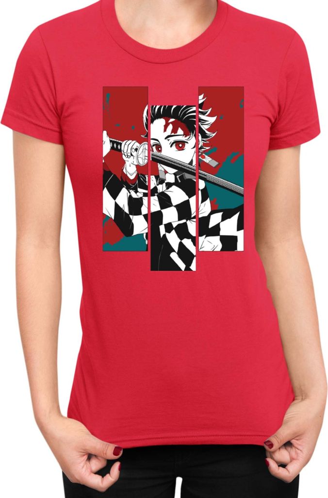 Damen T-Shirt Demon Anime Slayer Kimetsu No Yaiba Tanjiro Kamado 011, Lady L / Rot