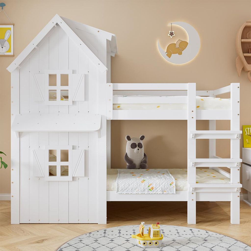 Kinderbett mit Dreistufige Gerade Leiter Fenster und Dach Etagenbett Jugendbett Kinder-Familienbett 90x200cm Weiß