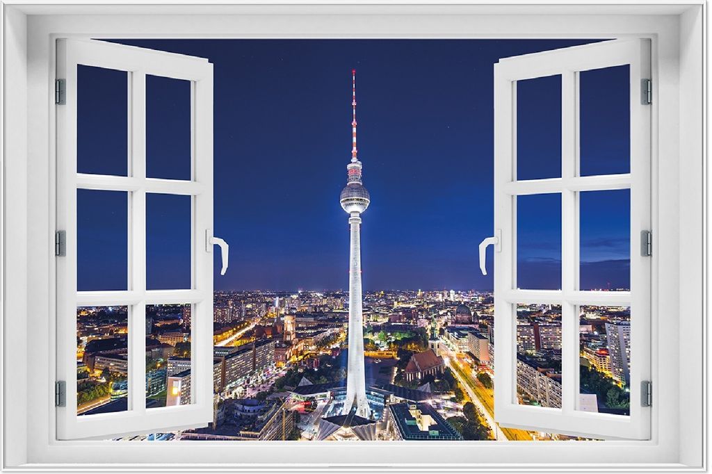 Wallario Wandbild mit Fenster-Illusion: Fernsehturm Berlin bei Nacht, Größe: 61 x 91,5 cm, Poster mit weißem Aluminiumrahmen