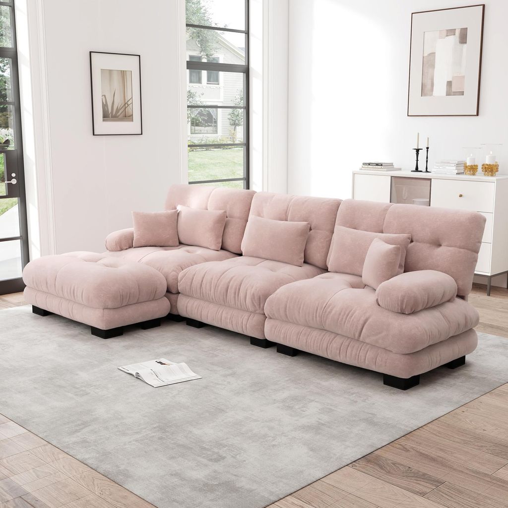 MODFU Dreisitzer Polstersofa mit mit 2 Lendenkissen und 2 Dekokissen,L-förmiges Sofa,Loungesofa Chenille,mit 1 Ottoman,Modulares Sofa,Rosa
