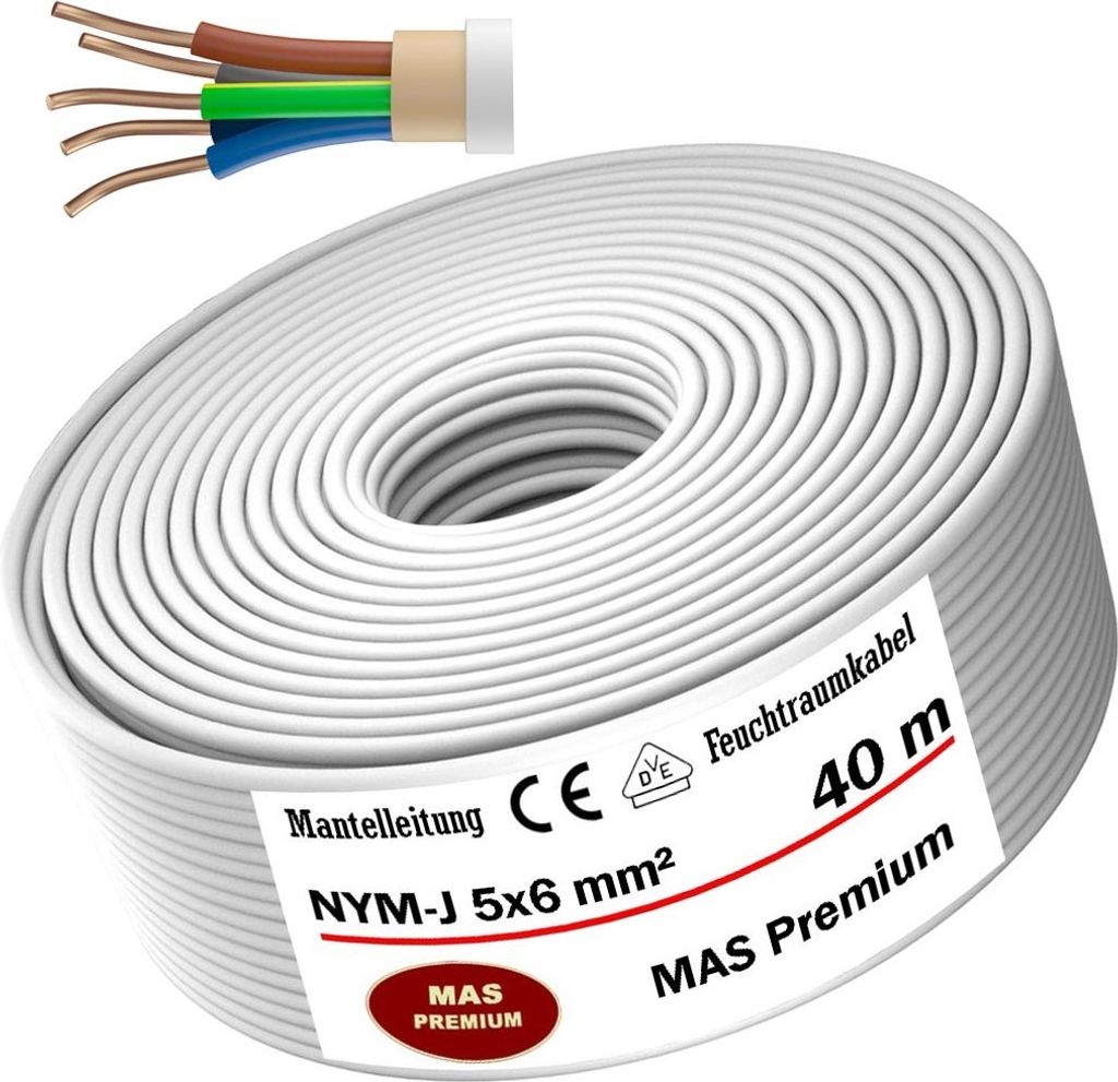 Feuchtraumkabel Stromkabel Mantelleitung 40 m NYM-J 5x6 mm² Elektrokabel