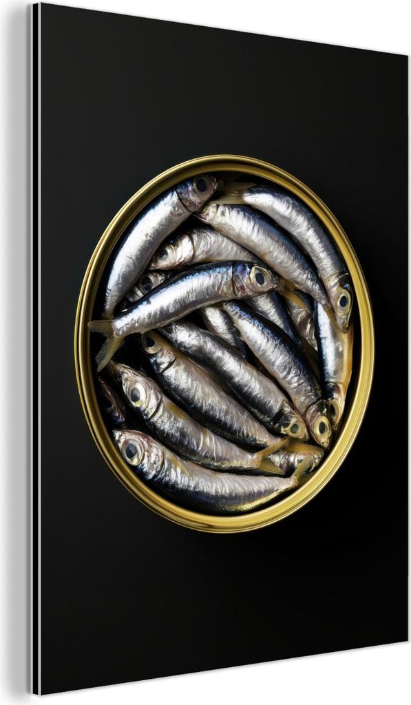 MuchoWow Wanddekoration Metall Metallbild Wandkunst 60x80 cm Sardinen - Fisch - Rund - Schwarz MuchoWow Aluminium Gemälde - Wanddekoration Metall