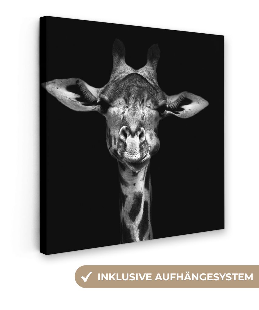 MuchoWow - Leinwandbilder - Giraffe - Porträt - Tiere - Schwarz - Weiß, Wandbild, Wanddeko Bilder Wohnzimmer, 90x90 cm