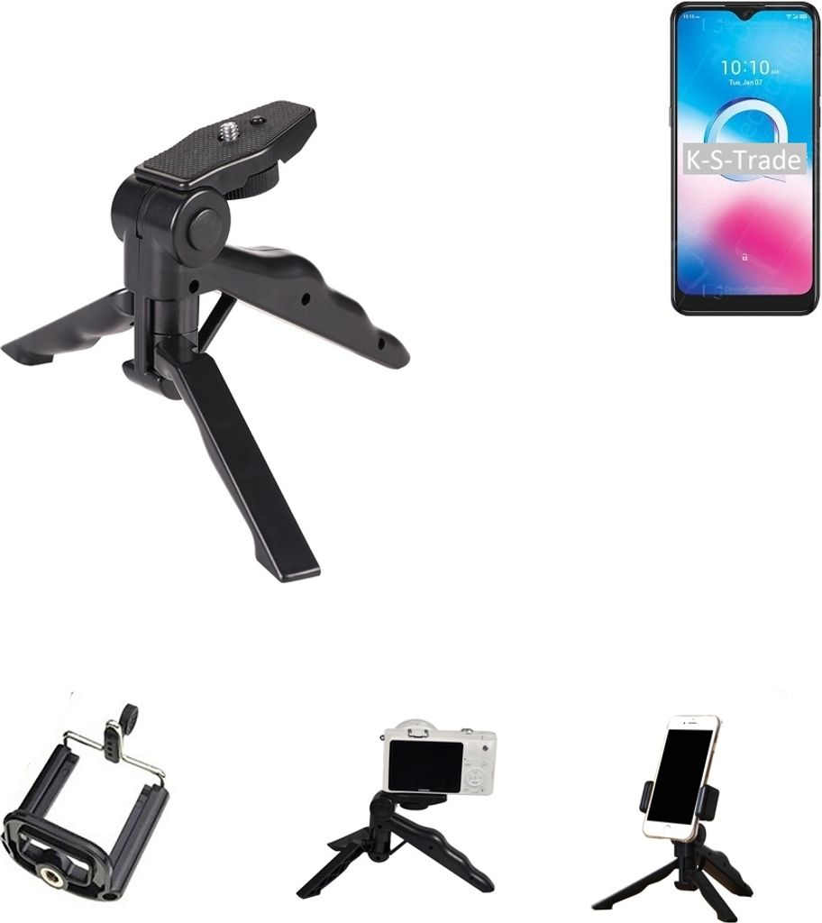K-S-Trade Stativ Tisch-Ständer Dreibein Handy-Stativ Ständer kompatibel mit Alcatel 3L (2020) Mini-Stativ Smartphone Tripod Handy-Stativ aus Plastik