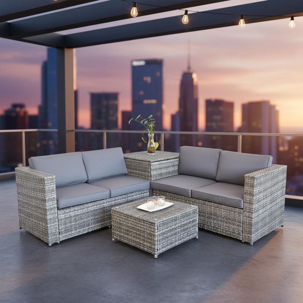 Polyrattan Ecklounge Gartenmöbel Set mit Auflagenbox Grau