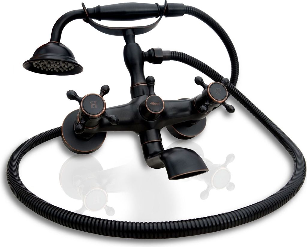 A black retro-style bathtub faucet with a handheld showerhead.