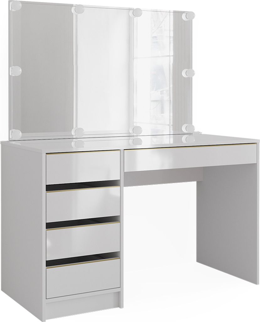 A white vanity table with a tri-fold mirror and LED lights.