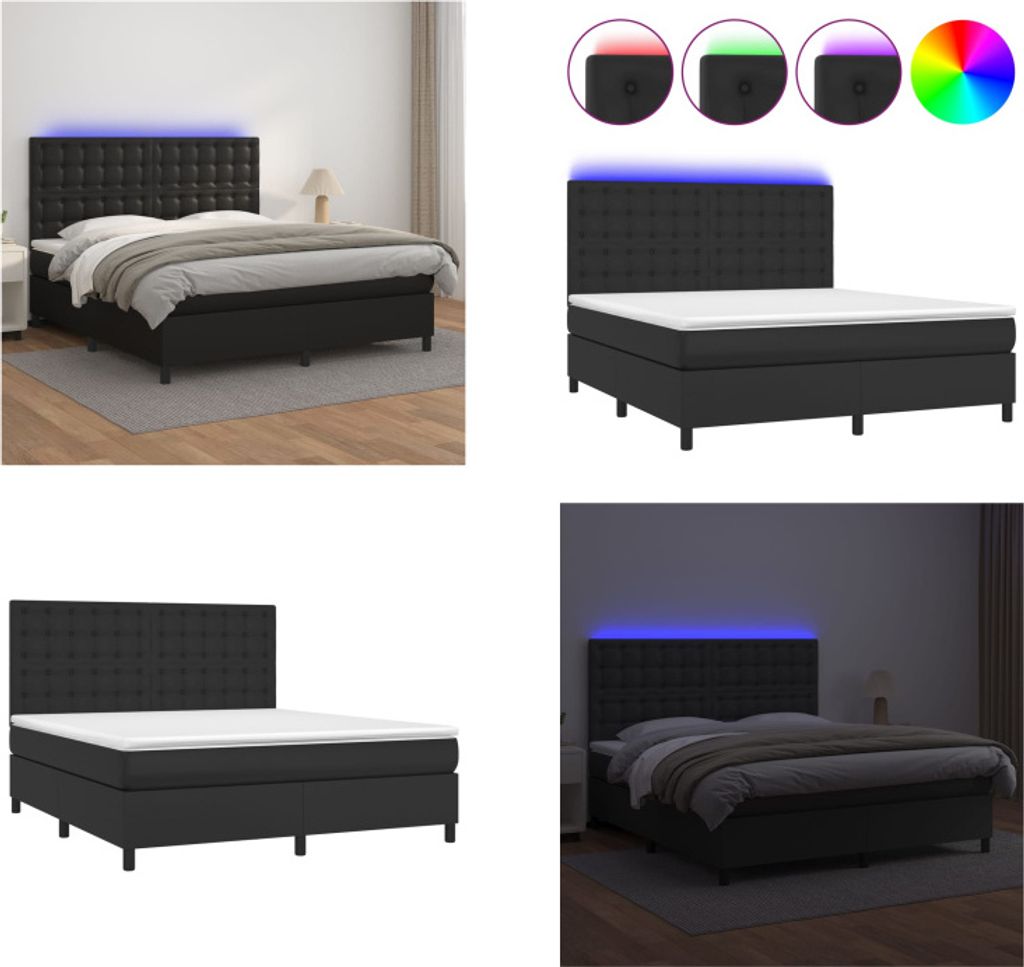 vidaXL Boxspringbett mit Matratze & LED Schwarz 160x200 cm Kunstleder - Boxspringbett - Boxspringbetten - Bett - Schlafzimmermöbel
