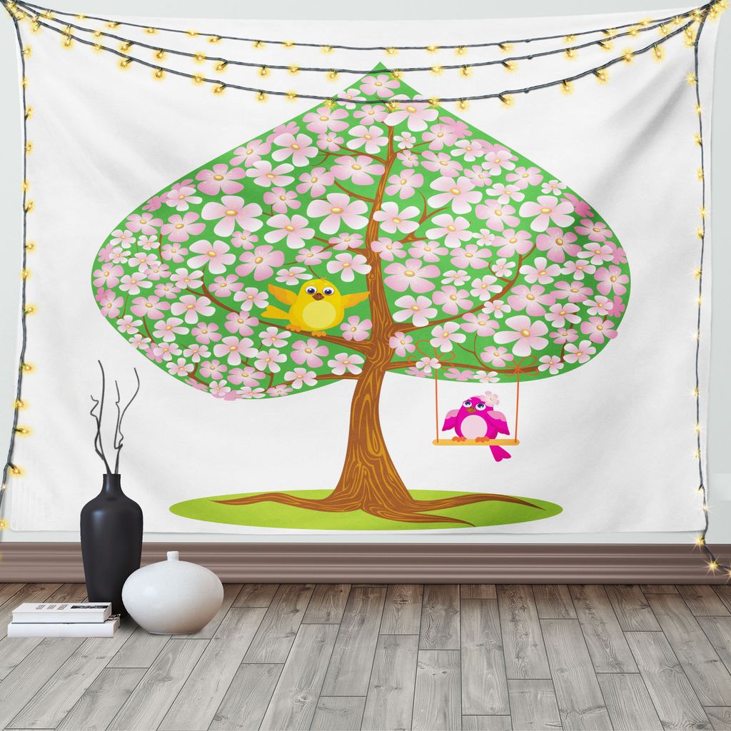 ABAKUHAUS Frühling Wandteppich, Herzform Baum Blüte, Wohnzimmer Schlafzimmer Heim Seidiges Satin Wandteppich, 200 x 150 cm, Grün braun Rosa