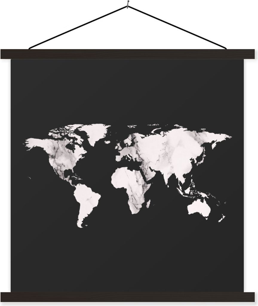 MuchoWow Textilposter Weltkarte - Schwarz und weiß - Marmor 60x60 cm mit schwarzem Rahmen - Posteraufhänger