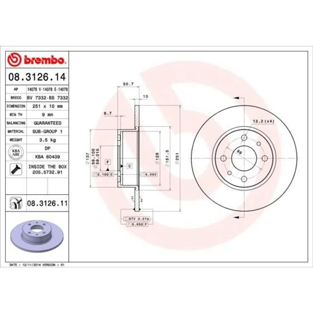 Jeu de 2 Disques de Frein Arrière Brembo 08.3126.14 Qualité Origine